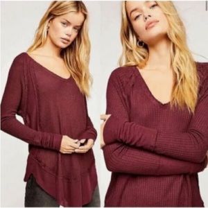 WE THE FREE womens size XS burgundy boho long sleeve waffle knit Catalina top